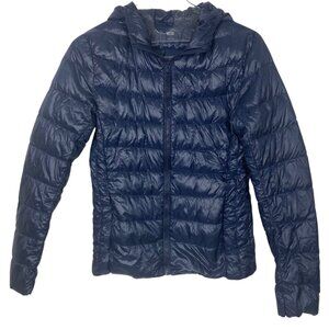 Uniqlo Ultra Light Down Jacket Womens Small blue Hood Full Zip Puffer Packable